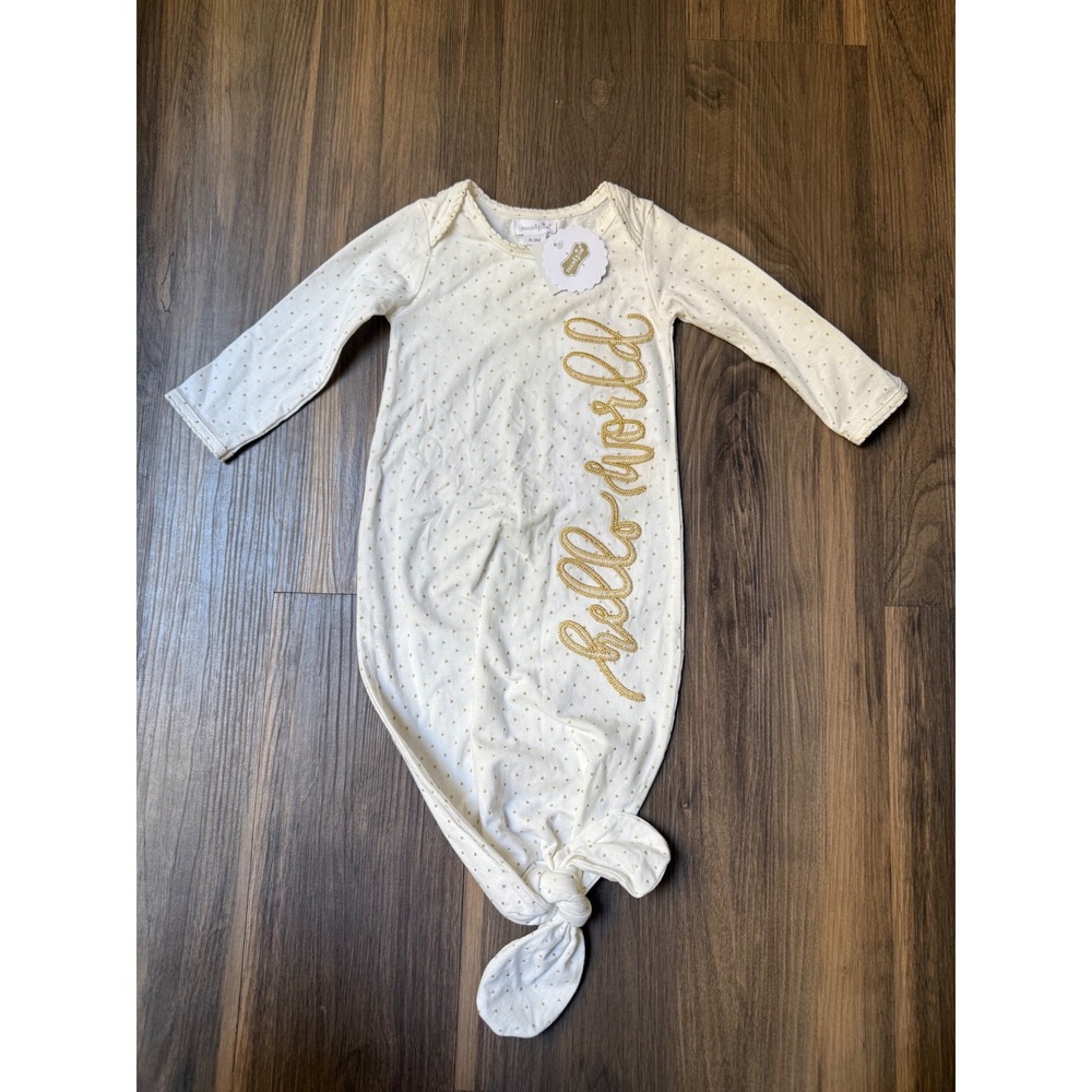 NWT Mudpie Hello World Gown Size 0-3M‎ Cream Gold